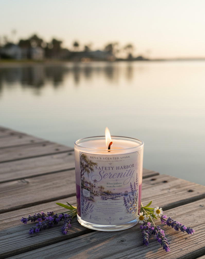 Safety Harbor Serenity candle on a wooden dock at dusk overlooking calm peaceful water in Safety Harbor Florida