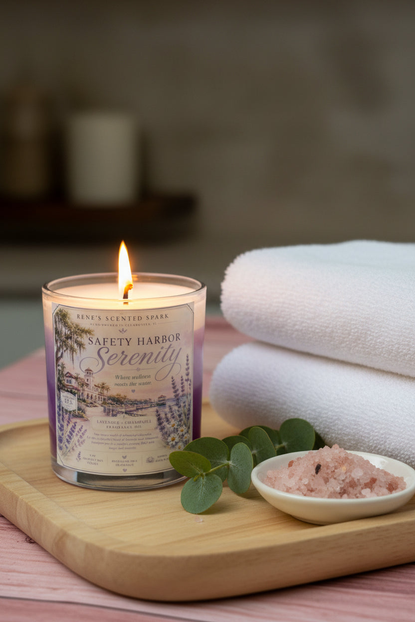 Safety Harbor Serenity candle styled on a spa tray with white towels lavender and chamomile in a serene wellness setting