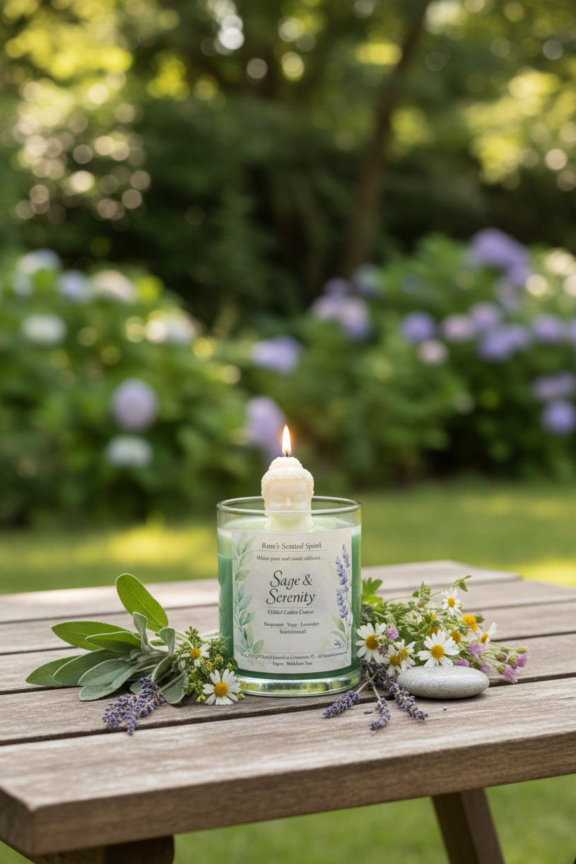 Sage & Serenity herbal sage and coconut wax candle styled for mindfulness and self-care rituals