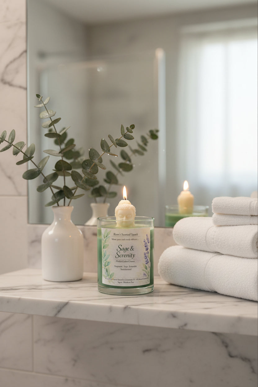  Sage & Serenity candle in ambient candlelight, creating a peaceful and restorative home atmosphere