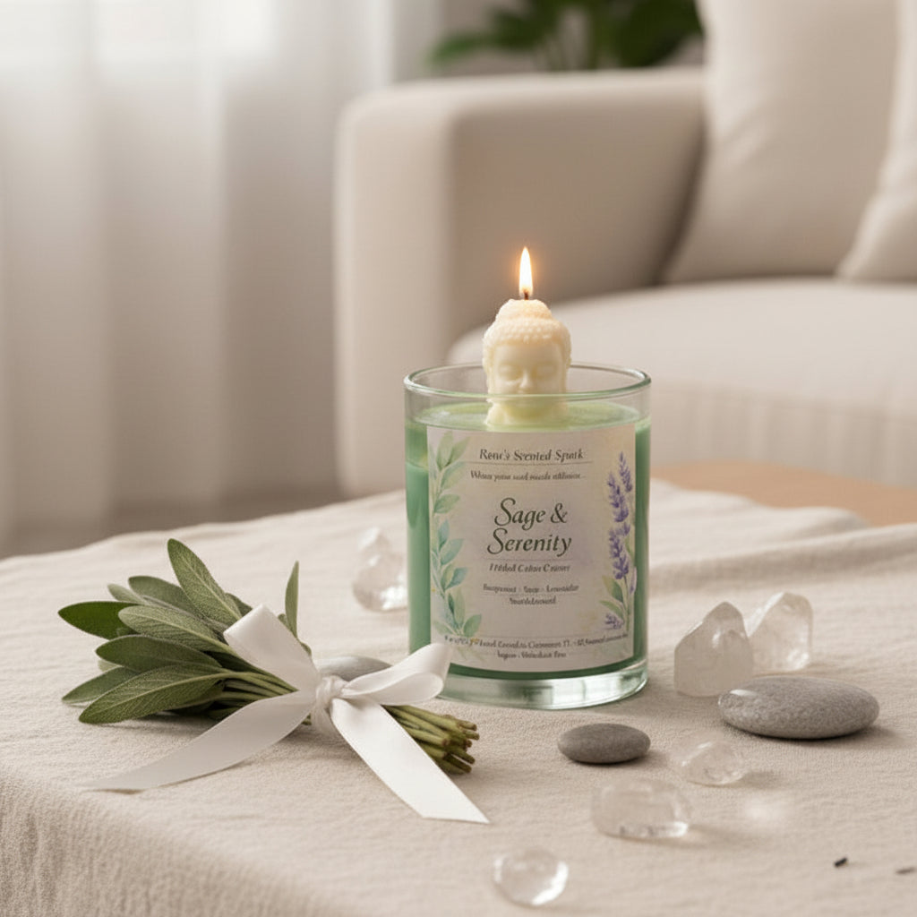  Sage & Serenity candle with calming herbal sage scent, hand-poured in small batches for a serene home experience