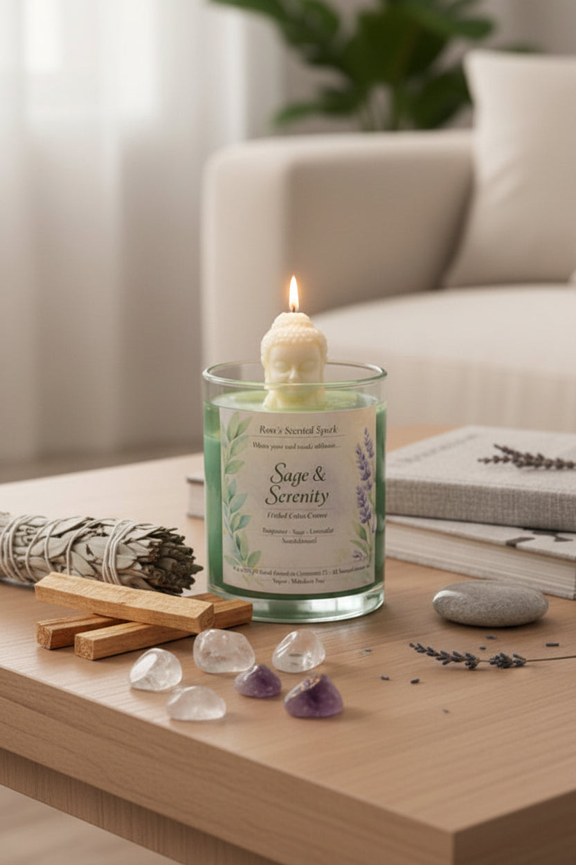 Sage & Serenity hand-poured candle in a spa-inspired lifestyle setting, ideal for yoga and relaxation spaces