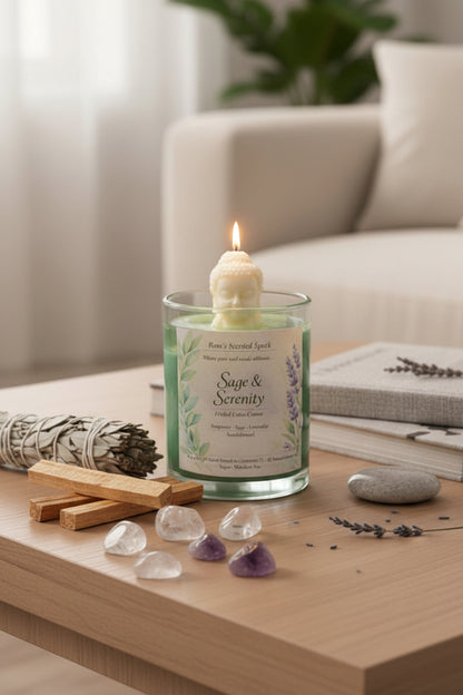 Sage & Serenity hand-poured candle in a spa-inspired lifestyle setting, ideal for yoga and relaxation spaces