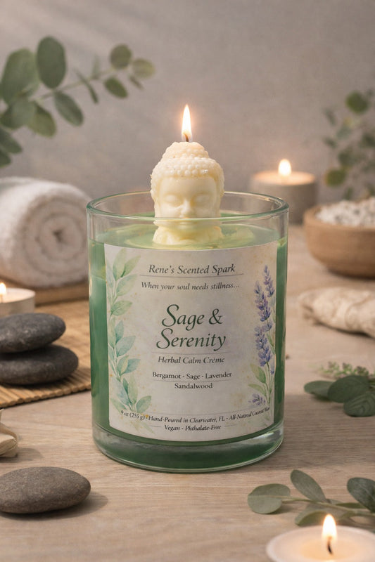 Scented candle labeled 'Sage & Serenity' with a Buddha figure on top, surrounded by spa-like setting.
