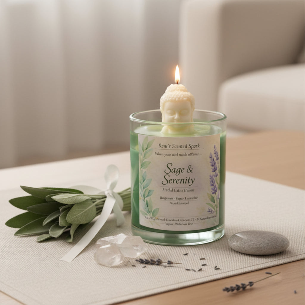  Sage & Serenity candle with Buddha wax embed, a thoughtful meditation and wellness gift for any occasion