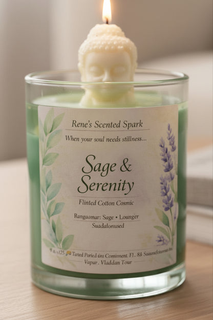 Sage & Serenity candle flat lay with natural botanicals and calming lifestyle styling — Rene's Scented Spark