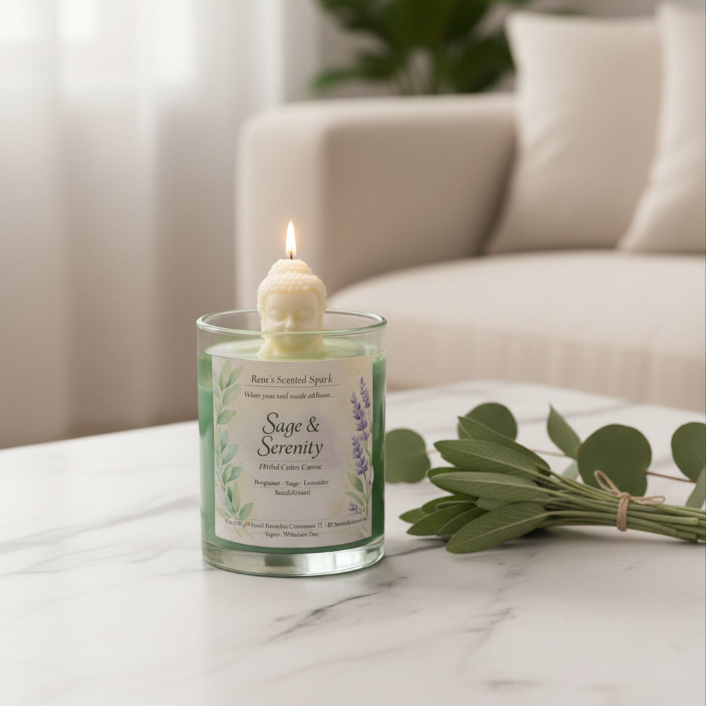 Sage & Serenity herbal sage candle glowing softly, perfect for meditation, wellness, and mindful living