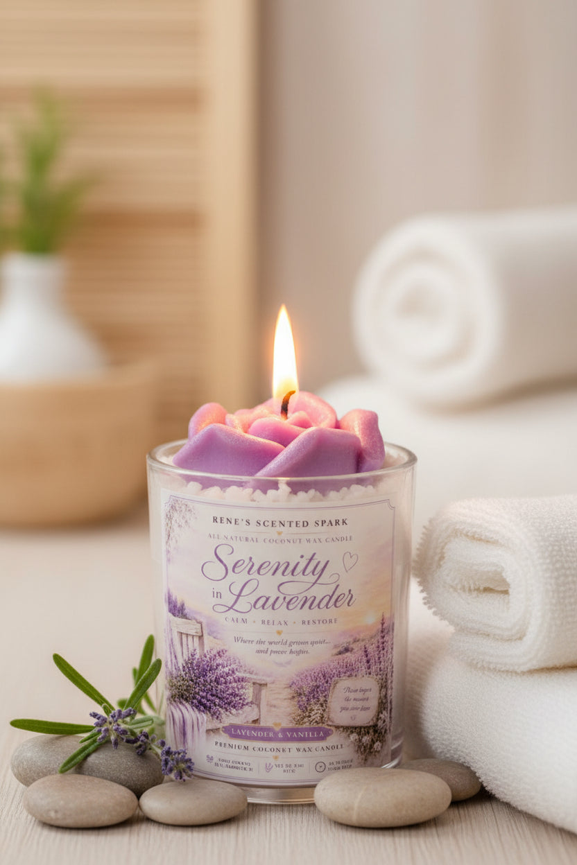 Scented candle labeled 'Serenity in Lavender' with a purple rose in a spa setting