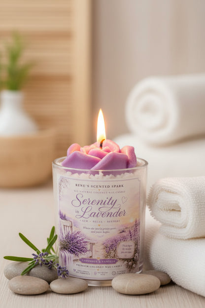 Scented candle labeled 'Serenity in Lavender' with a purple rose in a spa setting