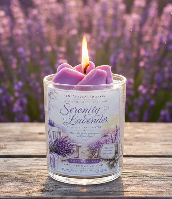 Scented candle labeled 'Serenity in Lavender' with a lavender field in the background