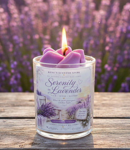 Scented candle labeled 'Serenity in Lavender' with a lavender field in the background