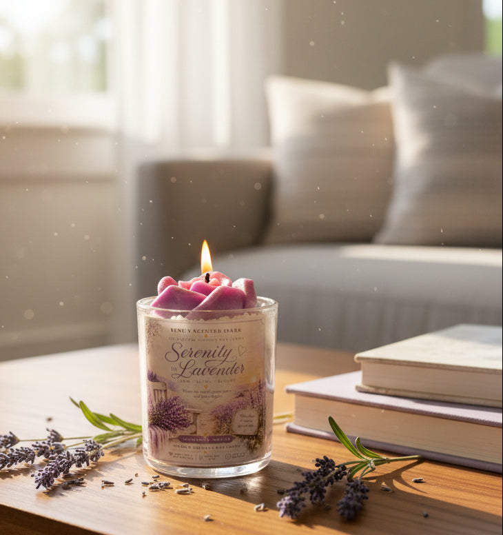 Scented candle labeled 'Serenity in Lavender' with a purple rose in a cozy brightly lit living room