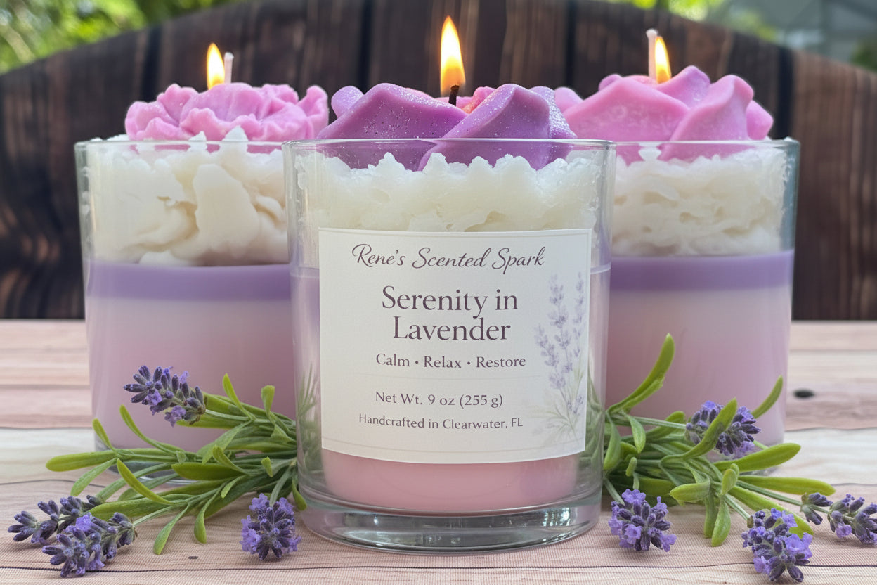 Lavender candle with whipped wax topping and layered coconut wax, lit in glass jar with fresh lavender sprigs