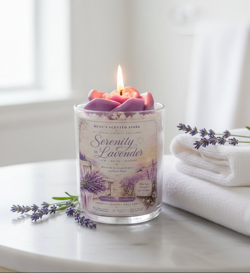 Scented candle labeled 'Serenity in Lavender' with a purple rose in a spa setting