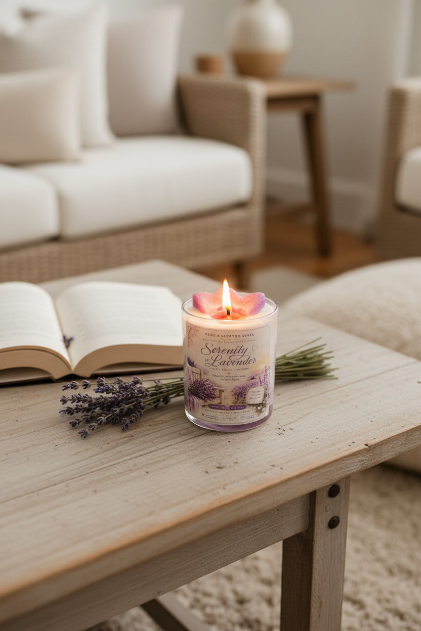Scented candle labeled 'Serenity Lavender' on a wooden table with an open book and lavender flowers, in a cozy living room setting.