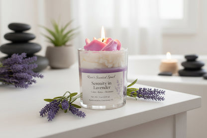 Serenity in Lavender coconut wax candle with rose wax top on white table, lavender sprigs and spa-inspired bathroom setting