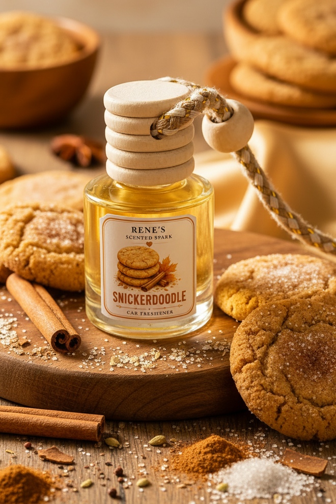 Snickerdoodle hanging car freshener by Renes Scented Spark styled with cinnamon sugar cookies, cinnamon sticks, sugar and warm bakery-inspired decor.