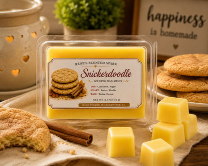 Snickerdoodle scented wax melts by Renes Scented Spark with golden wax cubes, cinnamon sugar cookies and cinnamon sticks styled in a warm cozy kitchen setting.