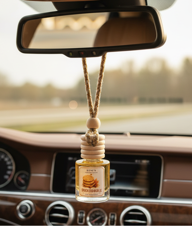 Snickerdoodle hanging car freshener by Renes Scented Spark displayed from a rearview mirror inside a warm, elegant car interior.