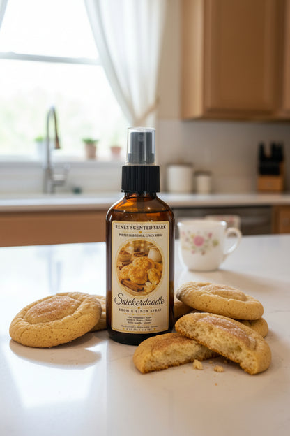 Snickerdoodle room and linen spray by Rene’s Scented Spark in an amber spray bottle, styled with snickerdoodle cookies, cinnamon sticks, star anise, white pumpkins, and colorful autumn leaves.