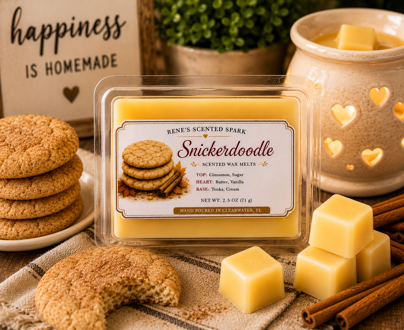 Snickerdoodle scented wax melts by Renes Scented Spark styled with cinnamon sugar cookies, golden wax cubes, cinnamon sticks and a glowing wax warmer in a warm cozy home setting.