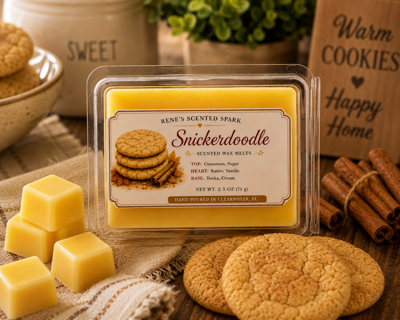 Snickerdoodle scented wax melts by Renes Scented Spark styled with cinnamon sugar cookies, cinnamon sticks and golden wax cubes in a warm cozy bakery-inspired setting.