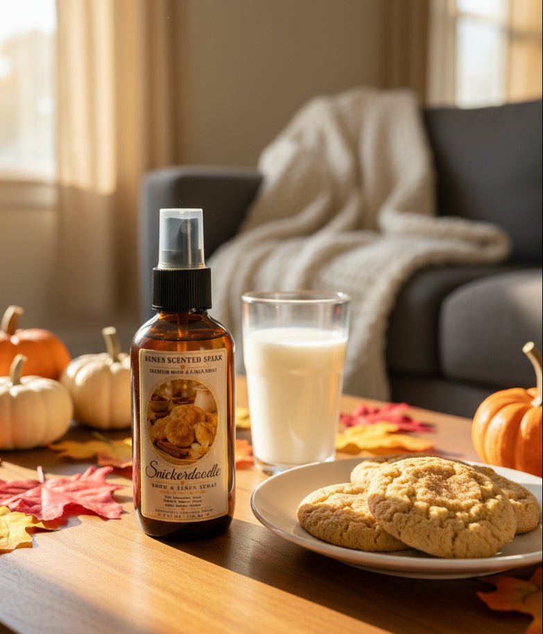 Snickerdoodle room and linen spray by Rene’s Scented Spark displayed with cinnamon sugar cookies, a glass of milk, orange and white pumpkins, and colorful autumn leaves in a cozy living room.