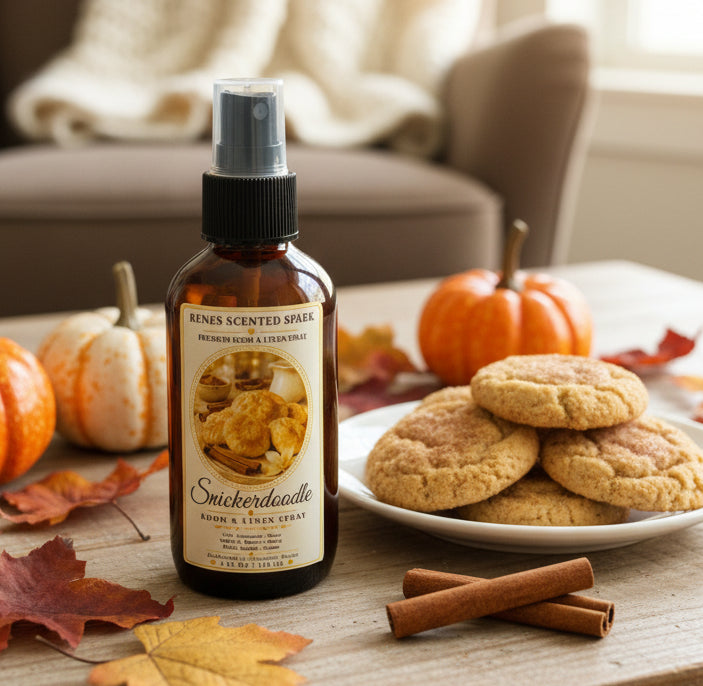 Snickerdoodle room and linen spray by Rene’s Scented Spark in an amber spray bottle, styled with cinnamon sugar cookies, cinnamon sticks, orange and white pumpkins, and colorful autumn leaves in a cozy fall setting.