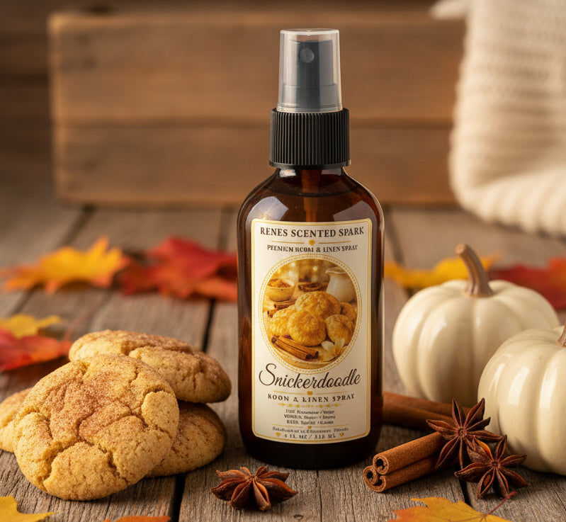 Snickerdoodle room and linen spray by Rene’s Scented Spark in an amber spray bottle, styled with snickerdoodle cookies, cinnamon sticks, star anise, white pumpkins, and colorful autumn leaves.