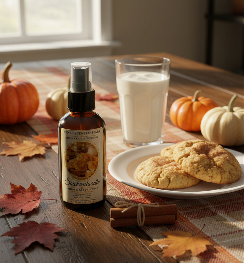 Snickerdoodle room and linen spray by Rene’s Scented Spark displayed with cinnamon sugar cookies, a glass of milk, cinnamon sticks, pumpkins, and colorful autumn leaves on a cozy fall table.