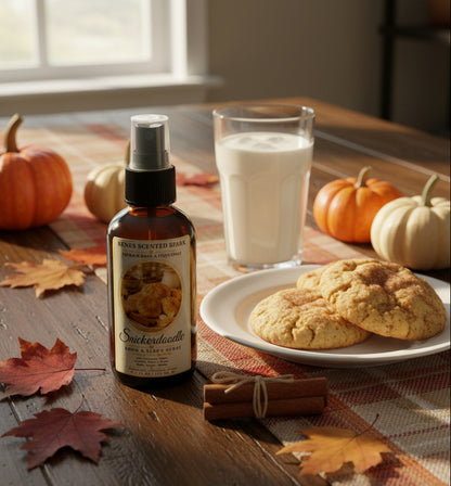 Snickerdoodle room and linen spray by Rene’s Scented Spark displayed with cinnamon sugar cookies, a glass of milk, cinnamon sticks, pumpkins, and colorful autumn leaves on a cozy fall table.