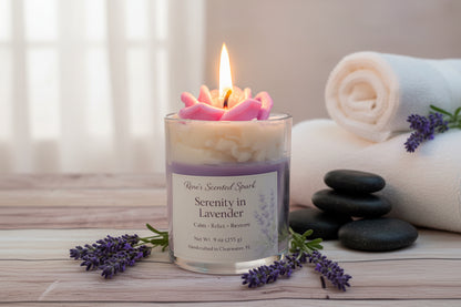 Serenity in Lavender coconut wax candle with rose wax top, lavender sprigs, and spa towels in relaxing setting