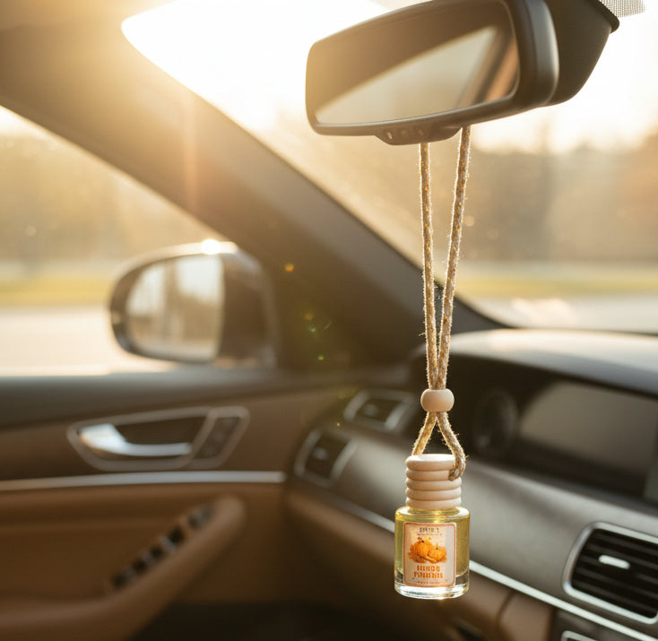 spiced pumpkin spiced car freshener hanging from a rearview mirror in a nice car interior