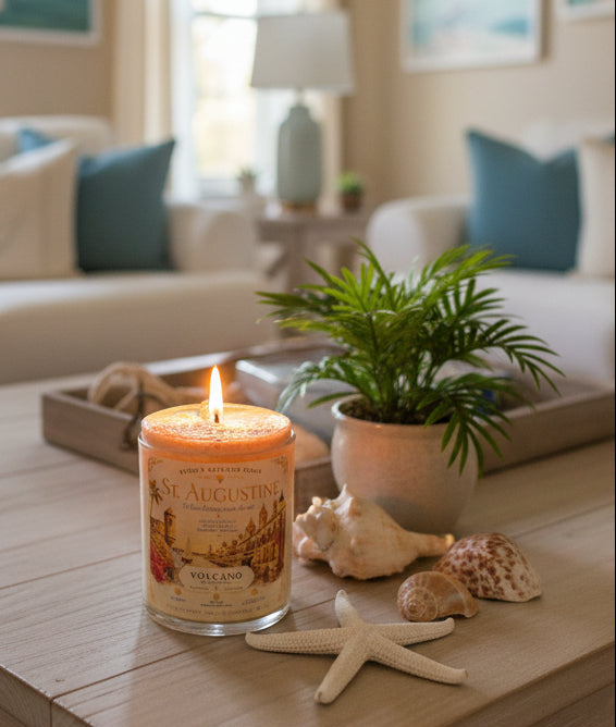 Lit St. Augustine coconut wax candle by Rene's Scented Spark displayed on a coastal living room coffee table with seashells, a starfish, and tropical décor.