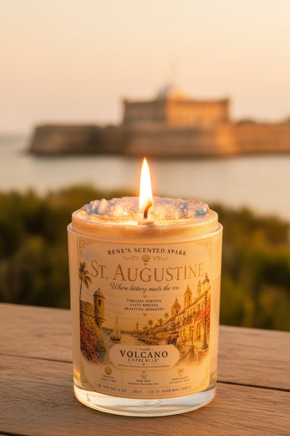 Lit St. Augustine coconut wax candle by Rene's Scented Spark displayed at sunset with Castillo de San Marcos in the background, featuring a vintage-inspired Florida label and handcrafted blue wax.