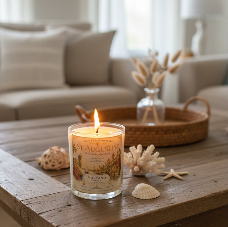 Lit St. Augustine coconut wax candle by Rene's Scented Spark displayed on a rustic coffee table with seashells, coral, and coastal décor in a cozy beach-inspired living room.