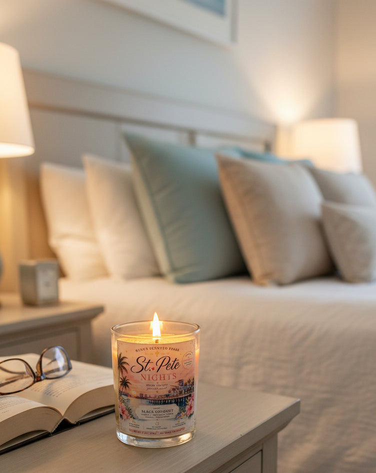 St. Pete Nights | Black Coconut Candle | Coconut Tonka Bean Amber | 9 oz Coconut Wax Candle | St. Petersburg Florida Souvenir