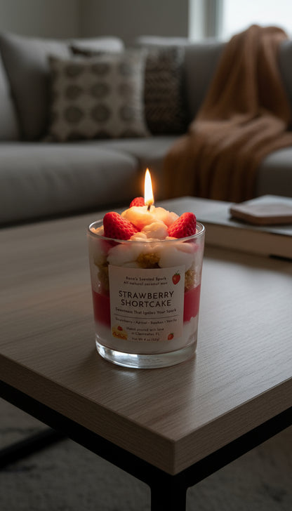 Strawberry shortcake candle with raspberries on top, surrounded by pumpkins and autumn leaves.