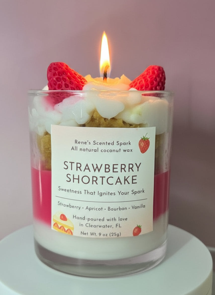 Candle with strawberry shortcake theme and visible label on a pink background