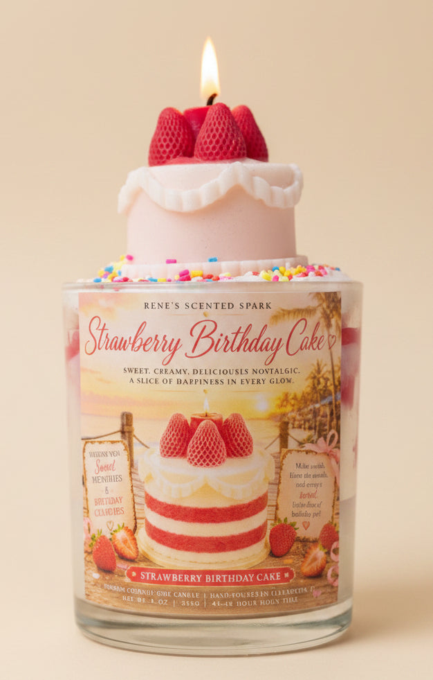 Strawberry Birthday Cake candle with a lit wick on a beige background