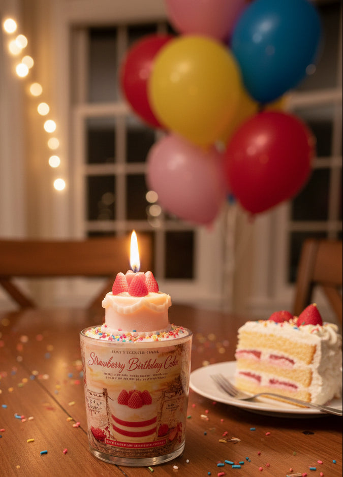 Top view of Strawberry Birthday Cake candle with sculpted cake topper on a glittery festive background
