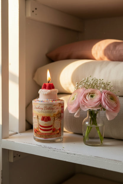 Candle with a cake design and a small bouquet of flowers on a shelf.