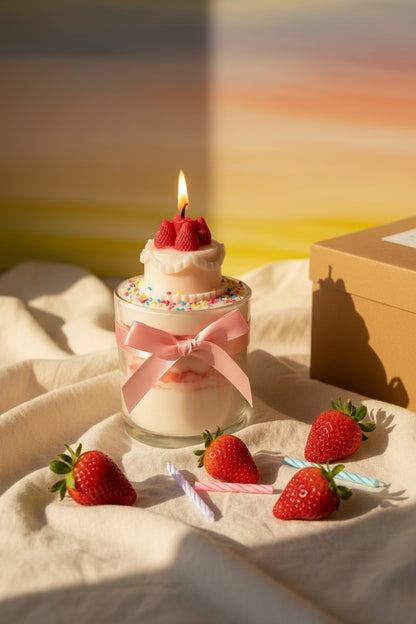 Small cake with a lit candle, strawberries, and a pink bow on a light surface with a colorful background.