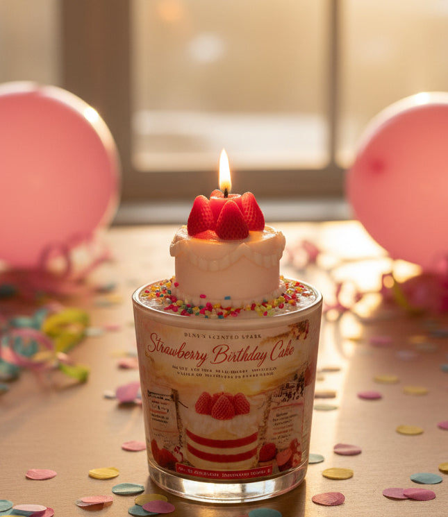  Strawberry Birthday Cake scented coconut wax candle in glass jar, hand-poured small batch candle by Renes Scented Spark