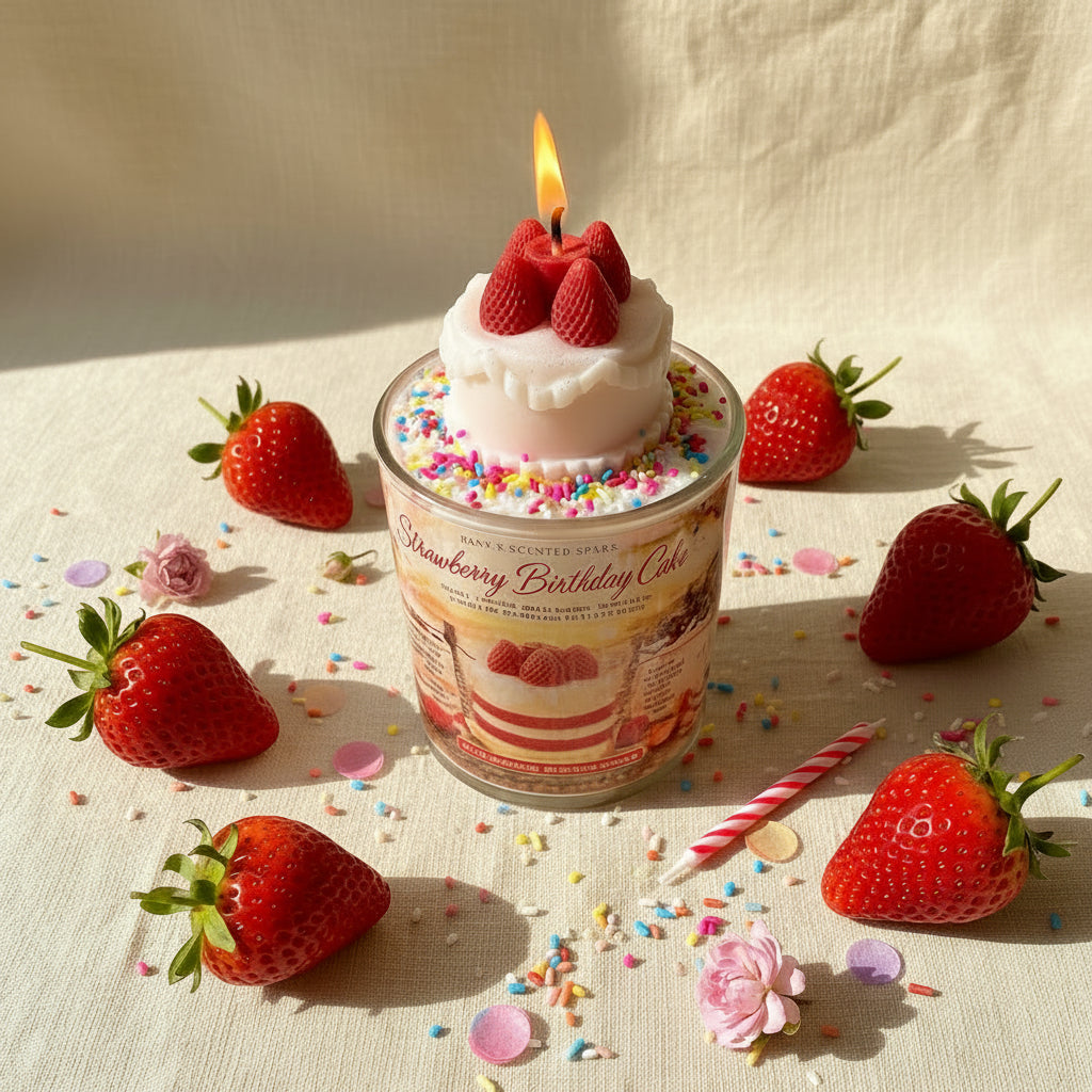 Candle shaped like a birthday cake with strawberries on top, surrounded by strawberries and sprinkles on a light background.