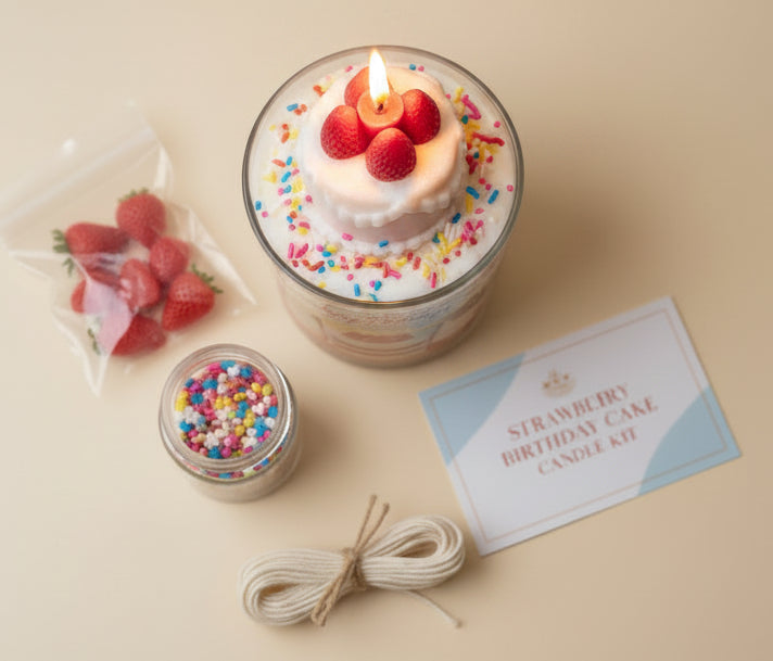 Strawberry birthday cake candle kit with candles, sprinkles, and a card on a beige background