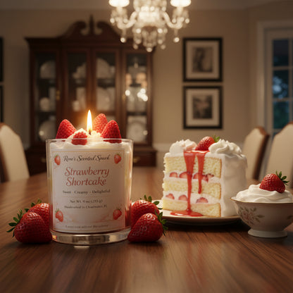 Strawberry shortcake candle with whipped wax topping and strawberry embeds, layered coconut wax, lit in glass jar