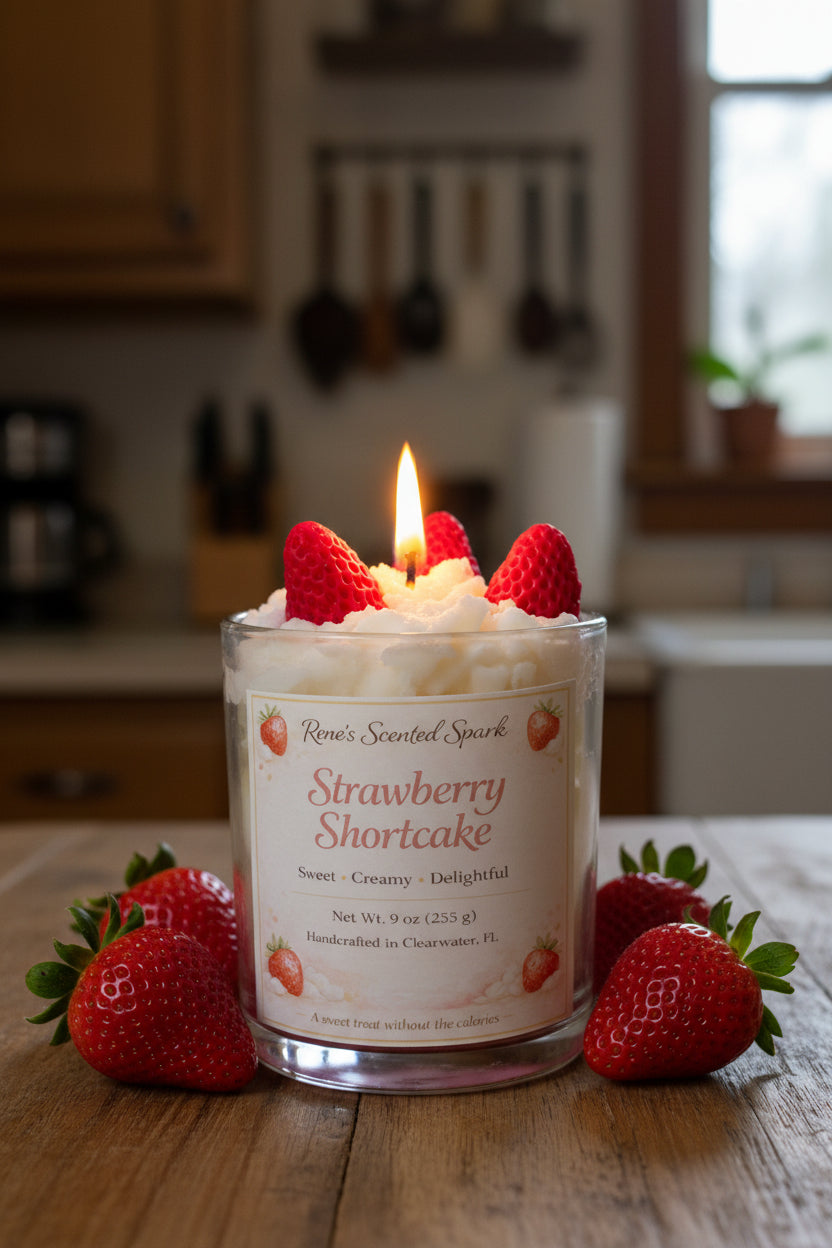 Strawberry shortcake candle with whipped wax topping and strawberry embeds, layered coconut wax, lit in glass jar