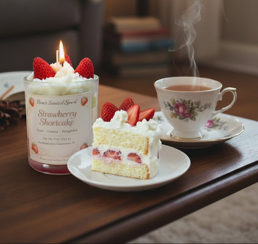 Strawberry shortcake candle with whipped wax topping and strawberry embeds, layered coconut wax, lit in glass jar