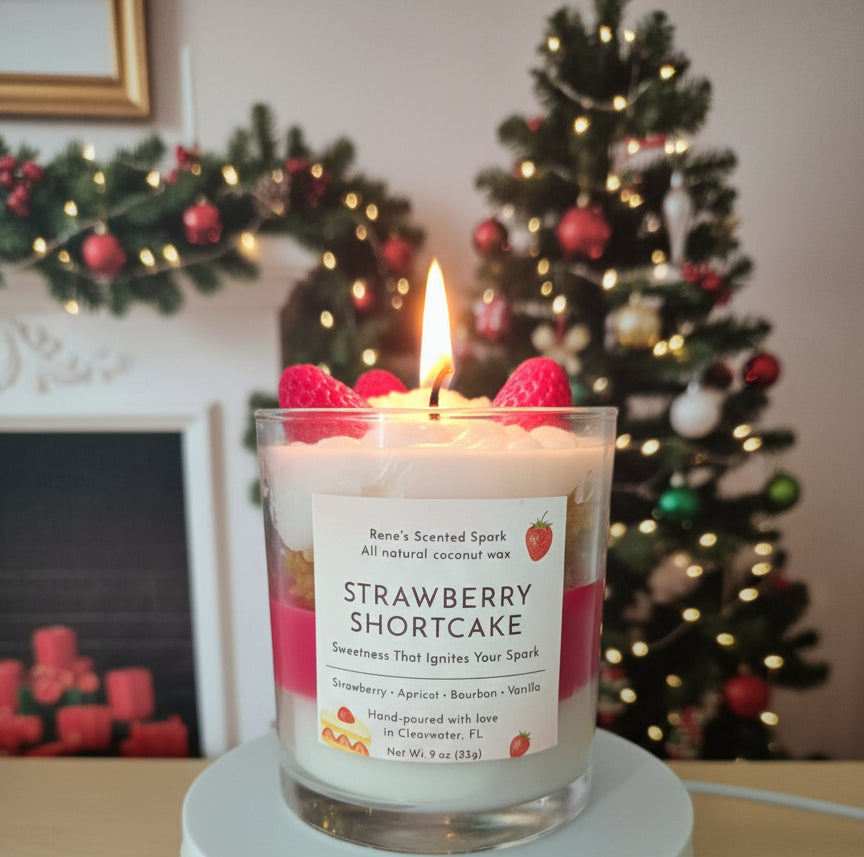Strawberry shortcake candle with a Christmas tree and wreath in the background